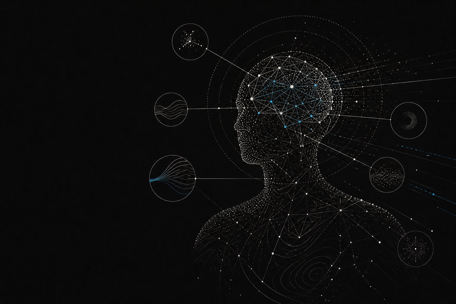 Abstract athlete signal atlas: a wireframe head and upper torso built from points and lines, connected to small circular detail panels representing coaching inputs such as trends, recovery and adherence.